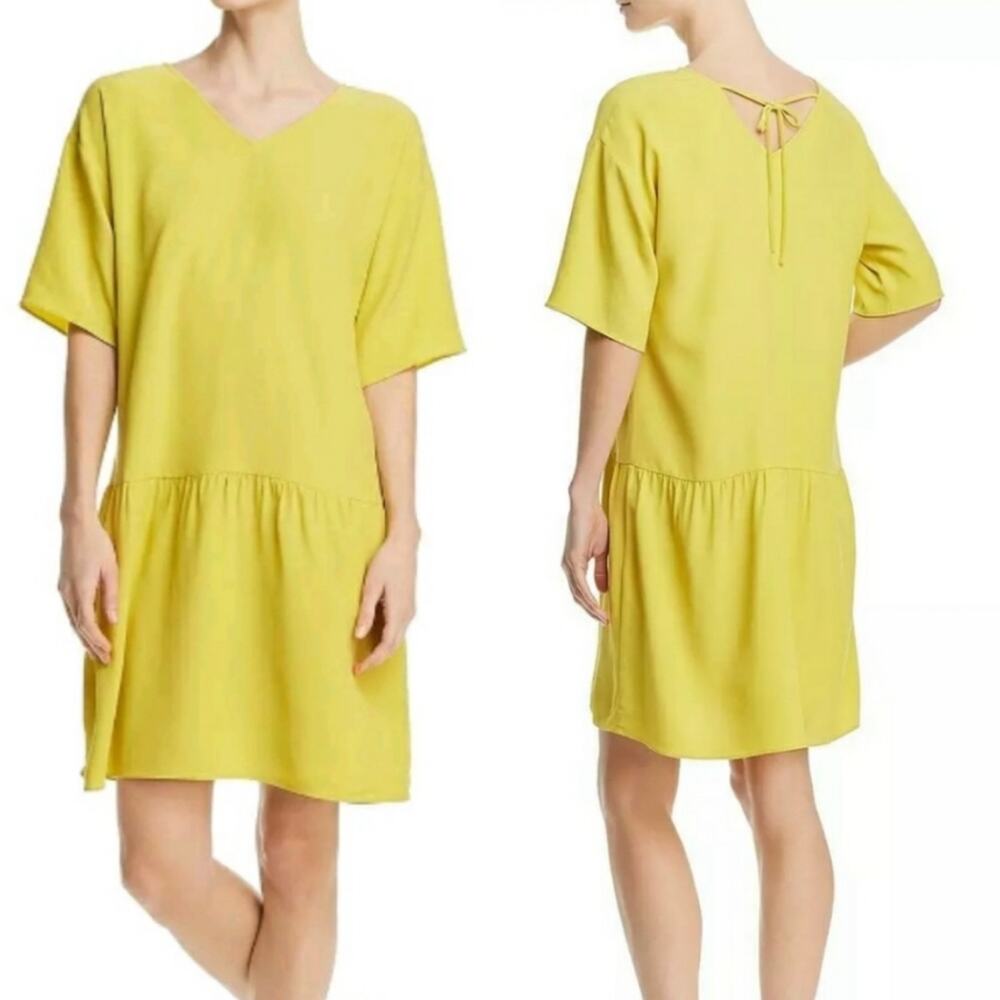 Eileen Fisher Dress Yellow Drop Waist Tie Back V-Neck Large Shirtdress
